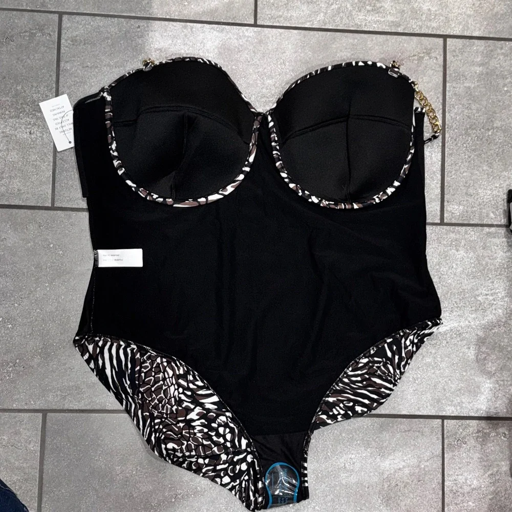 ELOQUII Swim One Piece Black Brown White Animal Print Gold Chain Strap Sz 26 NWT
